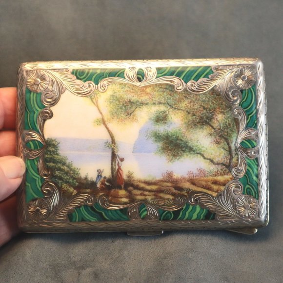 Antique Enamel Silver Cigarette Case Maypole Scenic Malachite 800 Italy? - Picture 1 of 12
